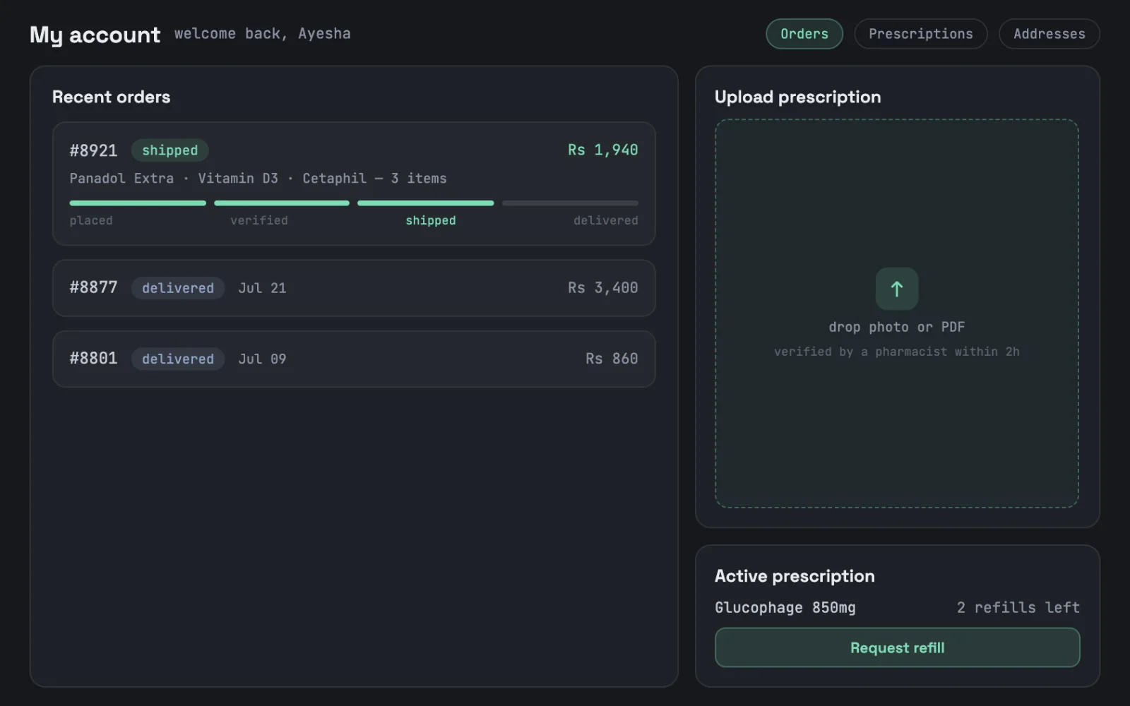 Pharmacy E-commerce SaaS — Customer portal